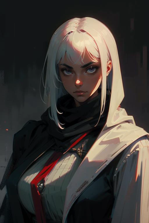 Masterpiece, best quality, a professional portrait illustration, with a somber style of a gorgeous big-titted delicate assassin in an interesting high fantasy setting at night, holding dagger, multiple scars, hood , brilliant eyes, white hair,   