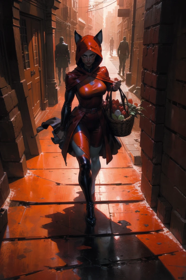 Clay Mann masterpiece, best quality, painting of a mature woman wearing a skintight red dress and streetwear red hood, carrying a basket full of candy, walking through a dark alley at night with a cat companion, chiaroscuro, short light, horror
