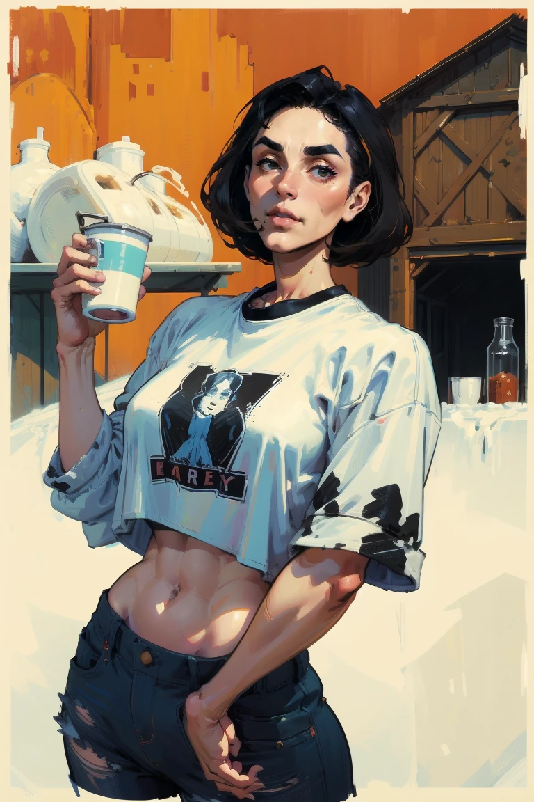 Meisterwerk von Cary Nord, beste Qualität, Gemälde einer wunderschönen sexy reifen Frau in Jeans und bauchfreiem Streetwear-Shirt, eine Tasse Milch halten, achselzuckend gegenüber dem Betrachter, Augenbrauen hochgezogen, in einem Stall mit Kühen im Hintergrund