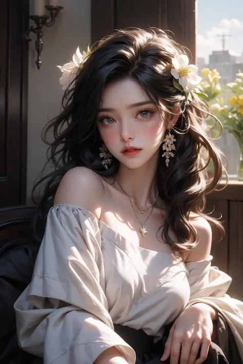 1 girl, jewelry, solo, earrings, long hair, forehead markings, black hair, necklace, bare shoulders, flowers, red lips, hair flowers, upper body, skirt, off shoulder, facial markings, head down, makeup, lips, candles, collarbones, long sleeves, tears streaming down, crying, Tyndall effect, 8k, large aperture, masterpiece of the century, sit, maple leaf, doorway, corridor, Sun on face,