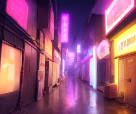 ((masterpiece)), (best quality), (detailed), very detailed, neon lighting, nighttime, alleyway, neon signs, colorful, vibrant, p...