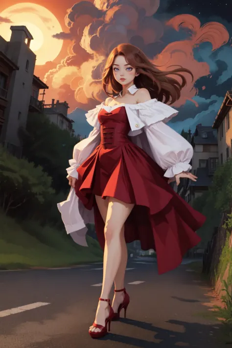 a woman in a red dress walking down a street