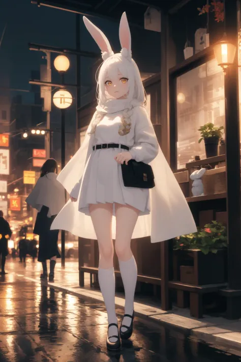 masterpiece, best quality, outdoors, detailed background, evening, bokeh, lens flare, 
1girl, solo, full body, looking away, rabbit ears, white hair, mary janes, fluffy, looking at viewer, yellow eyes, :3, transparent cloak, sweaters, pleated skirt, scarf, kneehighs, oversized, <lora:japaneseTraditionalBackground_v2:0.5>