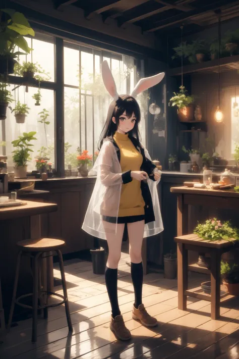 masterpiece, best quality, indoors, detailed background, coastal interior, dusk, bokeh, lens flare, 
1girl, solo, full body, looking afar, cute, rabbit ears, fluffy, looking at viewer, sad, transparent raincoat, yellow sweater, kneehighs, oversized, <lora:japaneseTraditionalBackground_v2:0.6>,