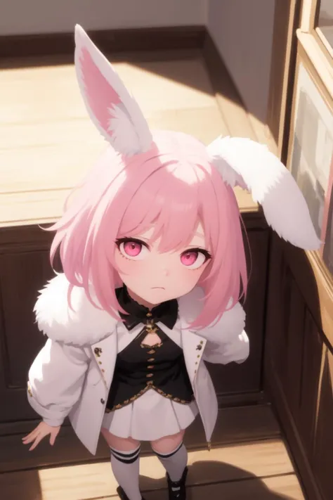 anime girl with pink hair and bunny ears standing in front of a window