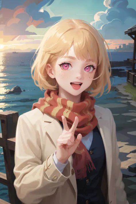 anime girl with blonde hair and scarf standing on a pier