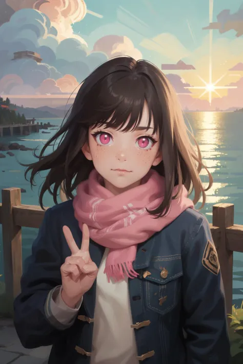 anime girl with pink scarf and blue jacket standing by the water