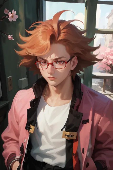 a painting of a man with glasses and a pink jacket