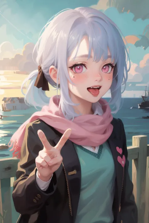 anime girl with white hair and pink scarf pointing at the camera