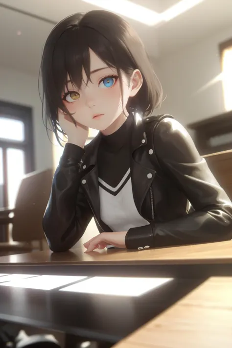 anime girl sitting at a table with her hand on her chin