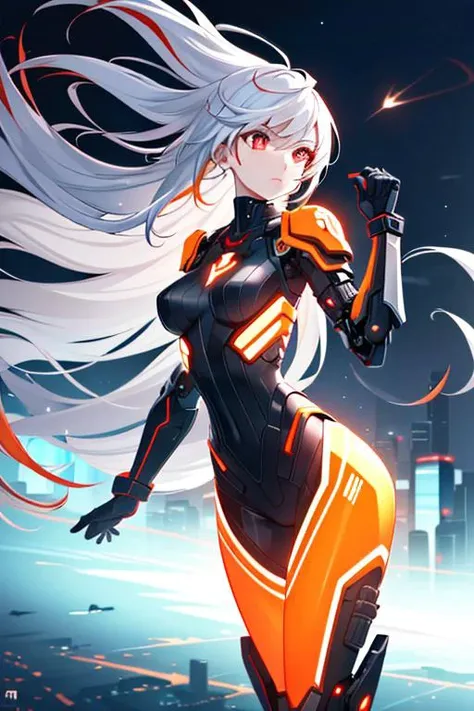 (sfw), intricate details, 1girl, night, (bright neon colors), ((flying over futuristic cyberpunk city)), detailed background, (petite cyborg girl, ((cute perfect face, bright glowing red eyes)), (perfect anatomy, petite perky breasts), (absurdly long gradient orange and white hair, hair blowing in the wind)), detailed ribbed impossible bodysuit, shoulder armor, cybernetic limbs, dynamic angle, <lora:aMechaMusumeA_arc:0.5>