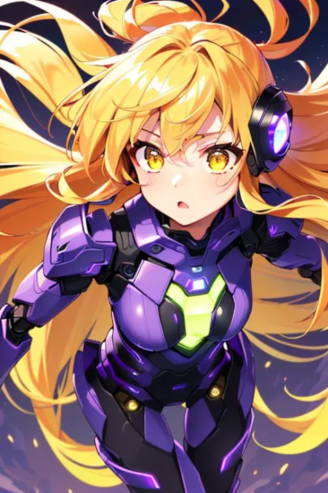 (sfw), intricate details, (bright neon colors), detailed background, night, 1girl, (petite, (cute face, bright glowing yellow eyes), (human torso, petite perky breasts, robotic limbs), (gradient purple and yellow hair, absurdly long hair, hair blowing in the wind)), detailed ribbed impossible bodysuit, shoulder armor, dynamic angle