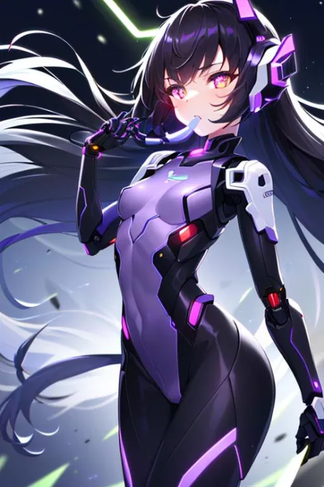 (sfw), intricate details, (bright neon colors), detailed background, night, 1girl, (petite, (cute face, bright glowing purple eyes), (human torso, petite perky breasts, robotic limbs), (black hair, absurdly long hair, hair blowing in the wind)), sleek detailed impossible bodysuit, cybernetic headset, sneaking, dynamic angle