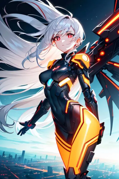 (sfw), intricate details, 1girl, night, (bright neon colors), ((flying over futuristic cyberpunk city)), detailed background, (petite cyborg girl, ((cute perfect face, bright glowing red eyes)), (perfect anatomy, petite perky breasts), (absurdly long gradient orange and white hair, hair blowing in the wind)), detailed ribbed impossible bodysuit, shoulder armor, cybernetic limbs, dynamic angle, <lora:aMechaMusumeA_arc:0.5>