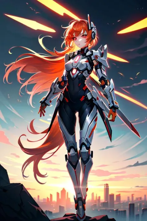 (sfw), intricate details, 1girl, night, (bright neon colors), ((flying over futuristic cyberpunk city)), detailed background, (petite cyborg girl, ((cute perfect face, bright glowing red eyes)), (perfect anatomy, petite perky breasts), (absurdly long gradient orange and white hair, hair blowing in the wind)), detailed ribbed impossible bodysuit, shoulder armor, cybernetic limbs, dynamic angle, <lora:aMechaMusumeA_arc:0.5>