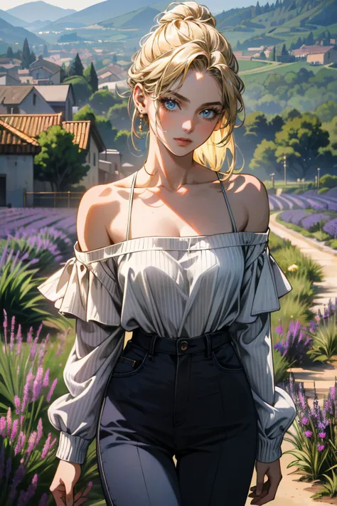 ((ultra detailed, masterpiece, absurdres))
<lora:UncElena:0.9>
UncElena, 1girl, solo, blue eyes, blonde hair, Velvet off-the-shoulder top with high-waisted wide-leg pants , in front of Aerial View of Lavender Fields in Provence