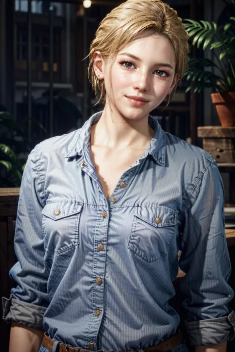 (masterpiece, best quality:1.3) 
UnchartedElenaFisher, 1girl, solo, looking at viewer, smile, short hair, brown hair, shirt, brown eyes, jewelry, closed mouth, upper body, earrings, lips, denim, pocket, realistic, unbuttoned, denim jacket