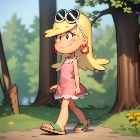 ((masterpiece, best quality)),solo,1girl, full body, leni loud, blonde hair, long hair, pink dress, <lora:LeniLoud1-0606:0.6>, earrings, eyewear on head, hoop earrings, forest, smile,  sandals, walking,