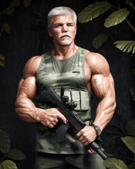 an image of a muscular guy, bodybuilding, Petr Pavel, best quality, absurdres, hyperrealistic, photography, (((detailed background))), jungle, amazonia, wide angle, perfect body, <lora:PetrPavel:1>, army uniform, AK40, armed, weapon, dirty, stains, sweaty