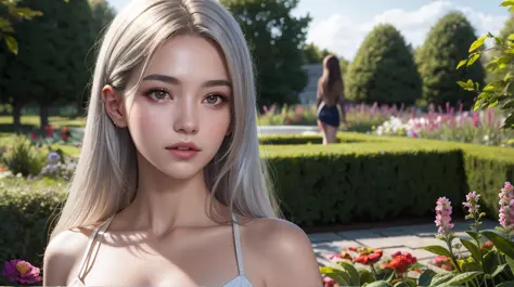 Best quality, masterpiece, ultra high res, (photorealistic:1.4), raw photo, 1girl, long silver hair, shiny skin, dramatic lighting, (garden background:1.2)