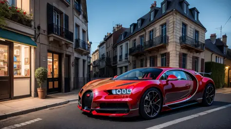 Best quality, masterpiece, ultra high res, (photorealistic:1.5), raw photo, red black bugatti chiron super sport, night, (small french street background:1.2)