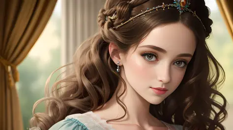 (realistic), (romantic), portrait of a beautiful young woman named Esme, [details: she has long curly hair, green eyes, and a small beauty mark on her left cheek], wearing an excessively frilled princess dress in light blue with silver accents, [Styling: c...