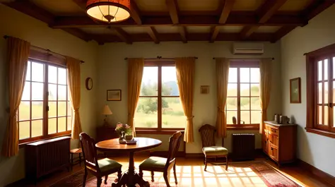 (serene) old house interior, (warm) sunlit room with a (table) in the center, a (book) and a (cup) of tea on the table, (vintage) lamp on the corner, (curtains) flowing gently with the breeze, (earth tones) color scheme, (painting) of a landscape on the wa...