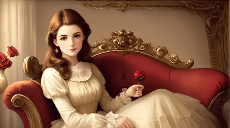 (vintage), (romantic), portrait of a beautiful woman with brown hair, sitting on a classic armchair, wearing a flowing dress, holding a rose, old-fashioned background, (sepia tone), (soft focus), (retro style), (painterly), (nostalgic), (dreamy), (muted colors), (impressionistic), (baroque), (ethereal), (pastel colors), (art nouveau), (gentle), (subtle lighting), (ornate frame).