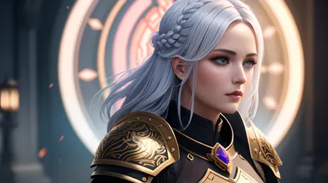 (women:1.2), pretty face, black armor, heavy armor, looking at viewer, realistic,shoulder to shoulder,temple background,violet eyes,ruby gem ornament,centered,templar,cape,portrait, ((white hair)), braid, fit ratio,masterpiece, golden ratio,fit the frame, ...