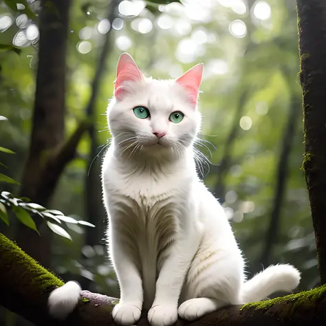 Best quality, masterpiece, ultra high res, (photorealistic:1.4), raw photo, white cat with piercing blue eyes, sitting on a tree branch in a dense forest, surrounded by greenery and sunlight filtering through the leaves. The fur of the cat should be fluffy...