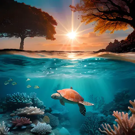 Best quality, masterpiece, ultra high res, (photorealistic:1.4), raw photo, (majestic) turtle, (underwater) in a (coral reef) environment, with (vibrant colors) and (sun rays) shining through the water, (swimming) gracefully.