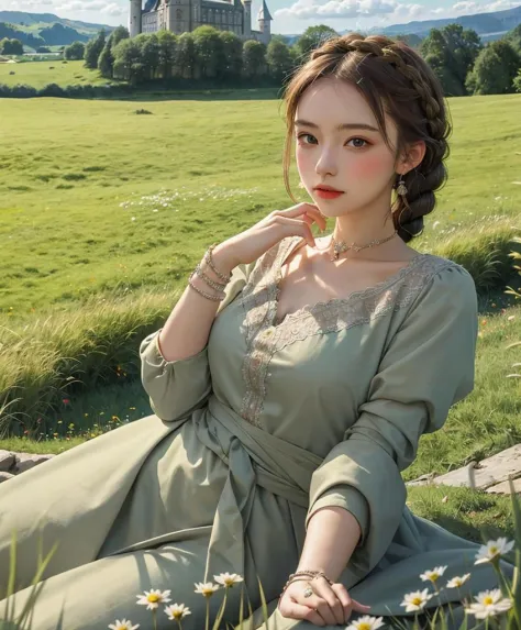 portrait, a woman, (crossed wrists rest on waist:1.2), 18th century fashion, aristocratic, fair skin, (french braid), jewellery, posh garments, intricate details, meadow, high grass, medieval town in the background, castle on top of a hill