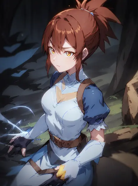 <lora:marciDotaDragonsBlood_v1:1> marc1, woman, use very short ponytail,  blue sleeves and white outfit, brown belt, dota dragon...