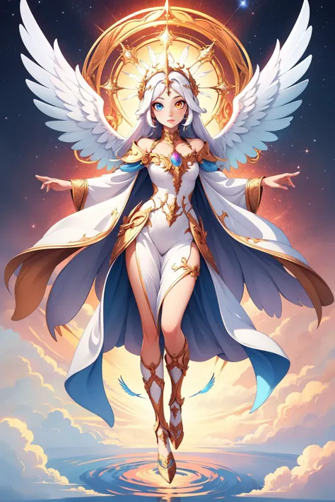 göttliche Dame, Aura, Schön, Detaillierte Augen, Heterochromie, himmlisch, angelic wings, Ganzkörper, schwebend,