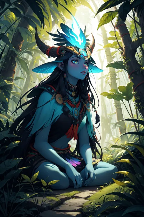 High quality, 4k, psychedelic, ancient jungle, lush vegetation, mythical realm, 1shaman, nature spirit, bioluminescent glow, enchanting, primeval,