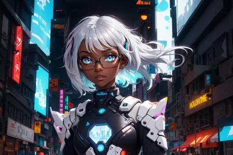 dark skin, voluminous silver hair, azure eyes, confident, futuristic city, high-tech outfit, augmented reality glasses, showing ...