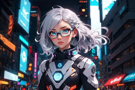 light skin, voluminous silver hair, azure eyes, confident, futuristic city, high-tech outfit, augmented reality glasses, showing...