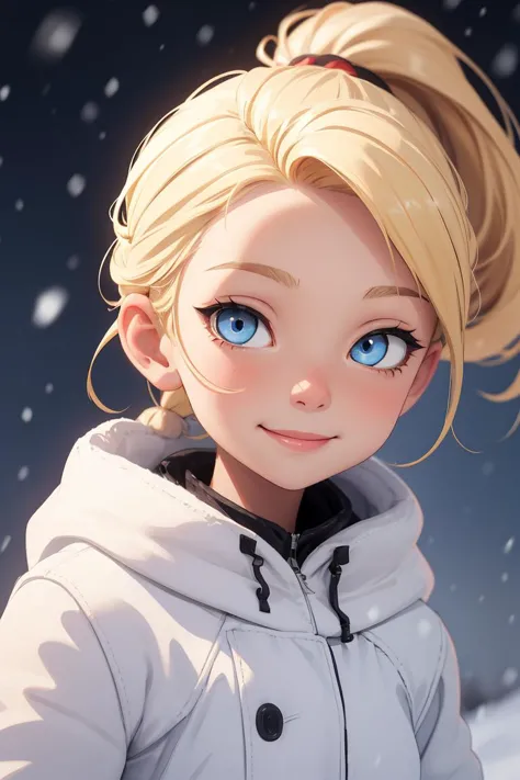 solo, 1girl, blue eyes, closeup, white outfit, small cute smile, perfect eyes, blonde ponytail hair, flushed face, winter, snowi...