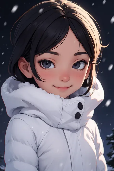 solo, 1girl, black eyes, closeup, white outfit, small cute smile, perfect eyes, black hair, flushed face, winter, snowing, rtx l...