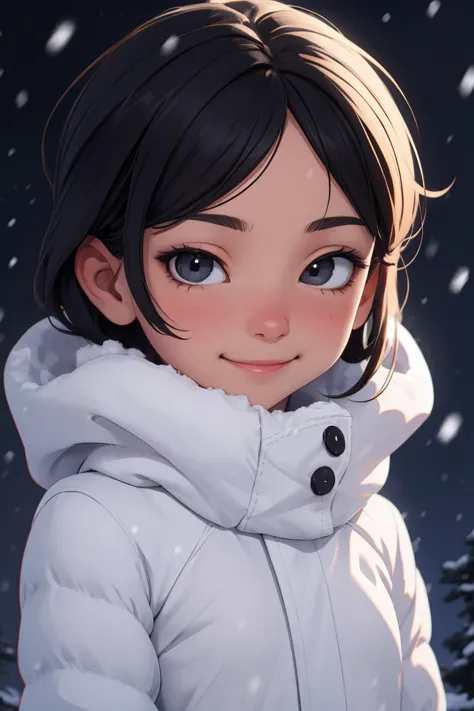 Allein, 1 Mädchen, schwarze Augen, closeup, weißes Outfit, kleines süßes Lächeln, perfekte Augen, schwarzes Haar, Errötetes Gesicht, winter, Es schneit, RTX-Beleuchtung 