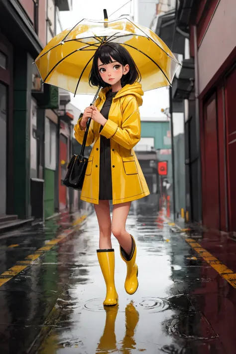 alta calidad, obra maestra, 1 chica, impermeable amarillo, botas de lluvia rojas, umbrella, lluvioso, charcos