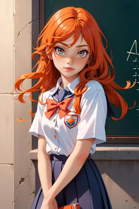 high quality, masterpiece, 1girl, freckles, orange hair, school uniform,