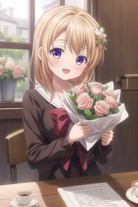 ultra-detailed,masterpiece,best quality,cafeteria,bouquet of roses,text,happy birthday,uniform ,facing viewer,hoto cocoa,upper b...