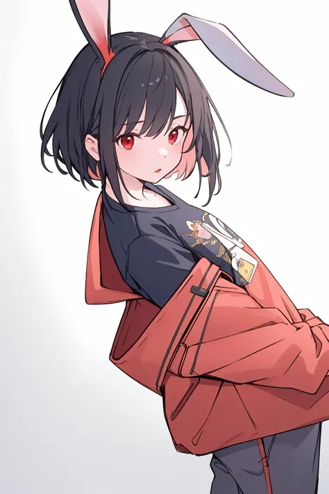 (masterpiece,best quality,absurdres),1girl,solo,rabbit ears,black ears,black hair,red eyes,long bob,pants_rolled_up,dynamic_angl...