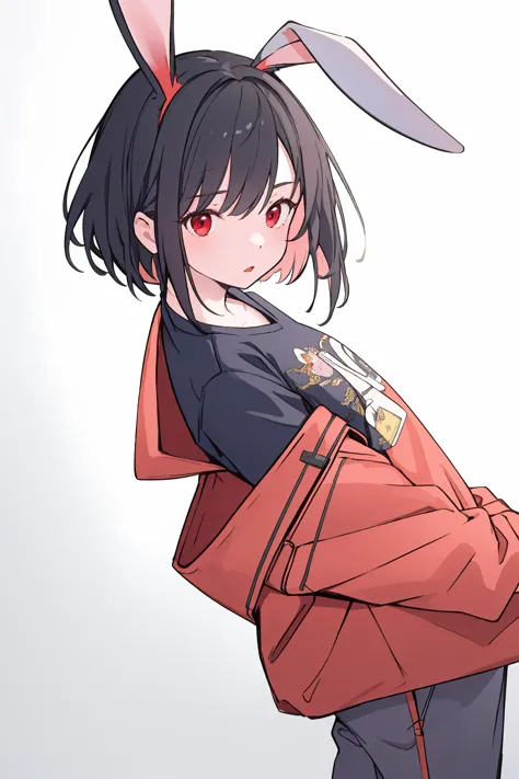 (masterpiece,best quality,absurdres),1girl,solo,rabbit ears,black ears,black hair,red eyes,long bob,pants_rolled_up,dynamic_angle,simple background,upper body,