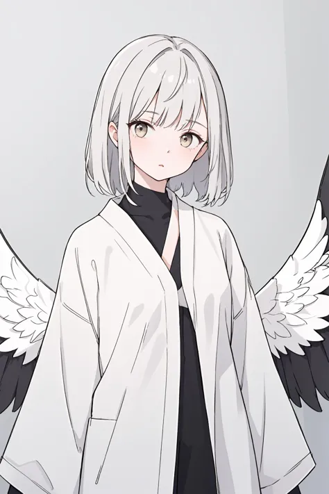 (best quality, masterpiece, highres),1girl,solo,asymmetrical bangs,black wings,Zen style,minimalist clothing,natural fabrics,neu...