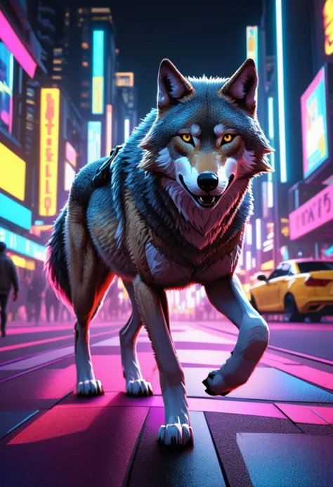 (pointillism:0.4), 8k, detailed, (realistic:1.2), photo, (ray tracing:1.2), RTX, a wolf running in a  neon city, night time,