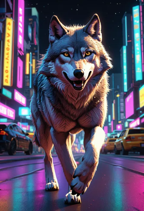 (pointillism:0.4), 8k, detailed, (realistic:1.2), photo, (ray tracing:1.2), RTX, a wolf running in a  neon city, night time,