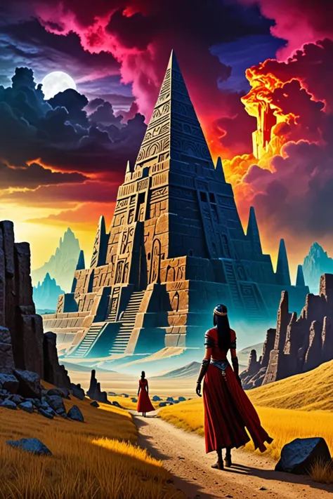 a woman in a red dress walking towards a pyramid