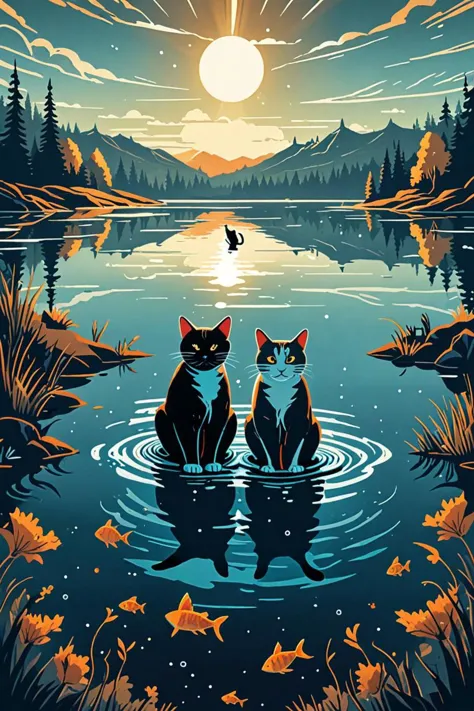 two cats are sitting in the water with a bird flying over them